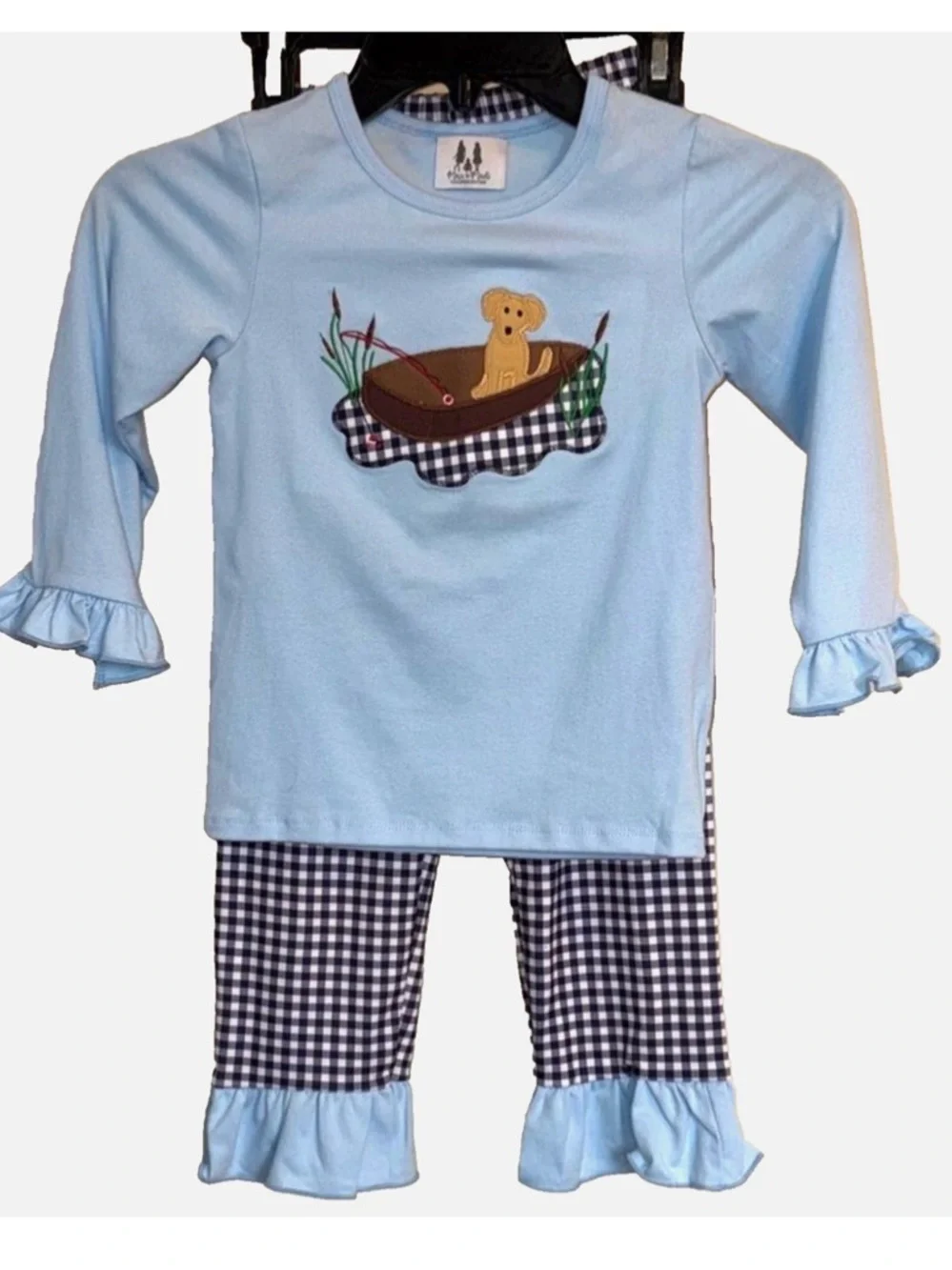 Maci & Madi Dog Canoe Applique Outfit Set Girls 5T Blue Gingham Fall Boutique